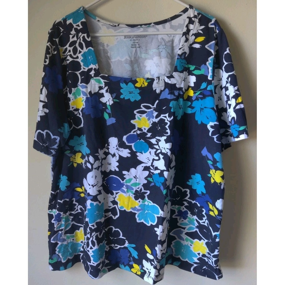 Jessica London Women's Plus 22/24 Top Square Neck Shirt Sleeve‎ Floral Print